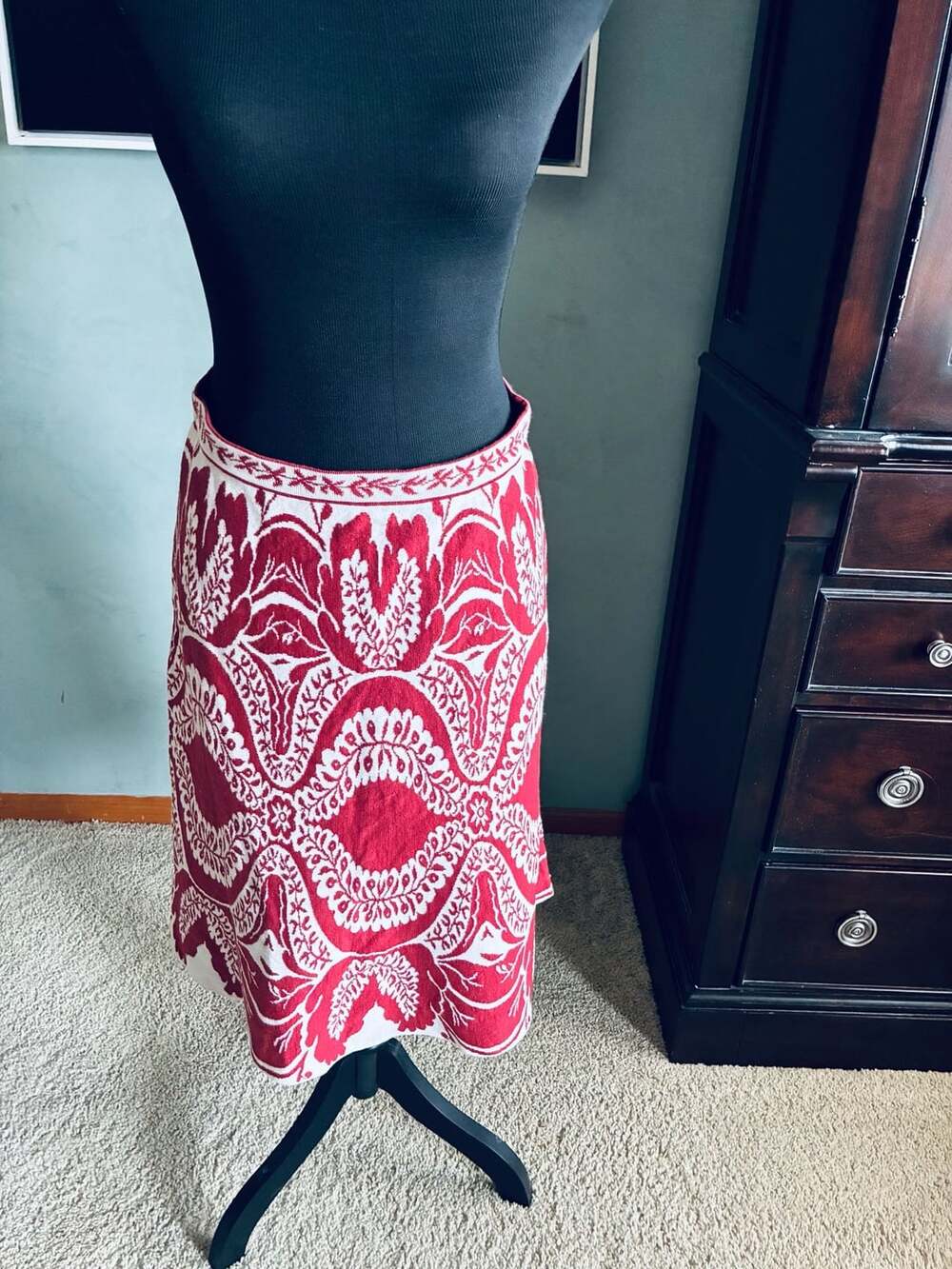 Peruvian Connection Rust & White Damask Jacquard Knit Skirt Sz M A427